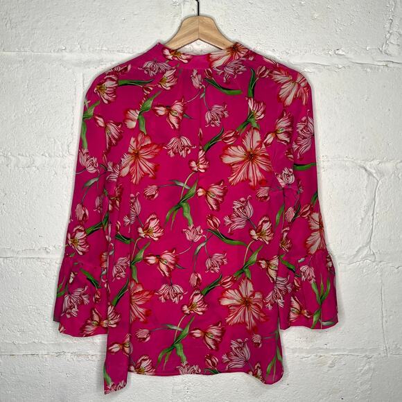 Catherine Prevost Women's Pink Floral Silk Ruffle Bell Sleeve Blouse Size Small - Picture 3 of 7